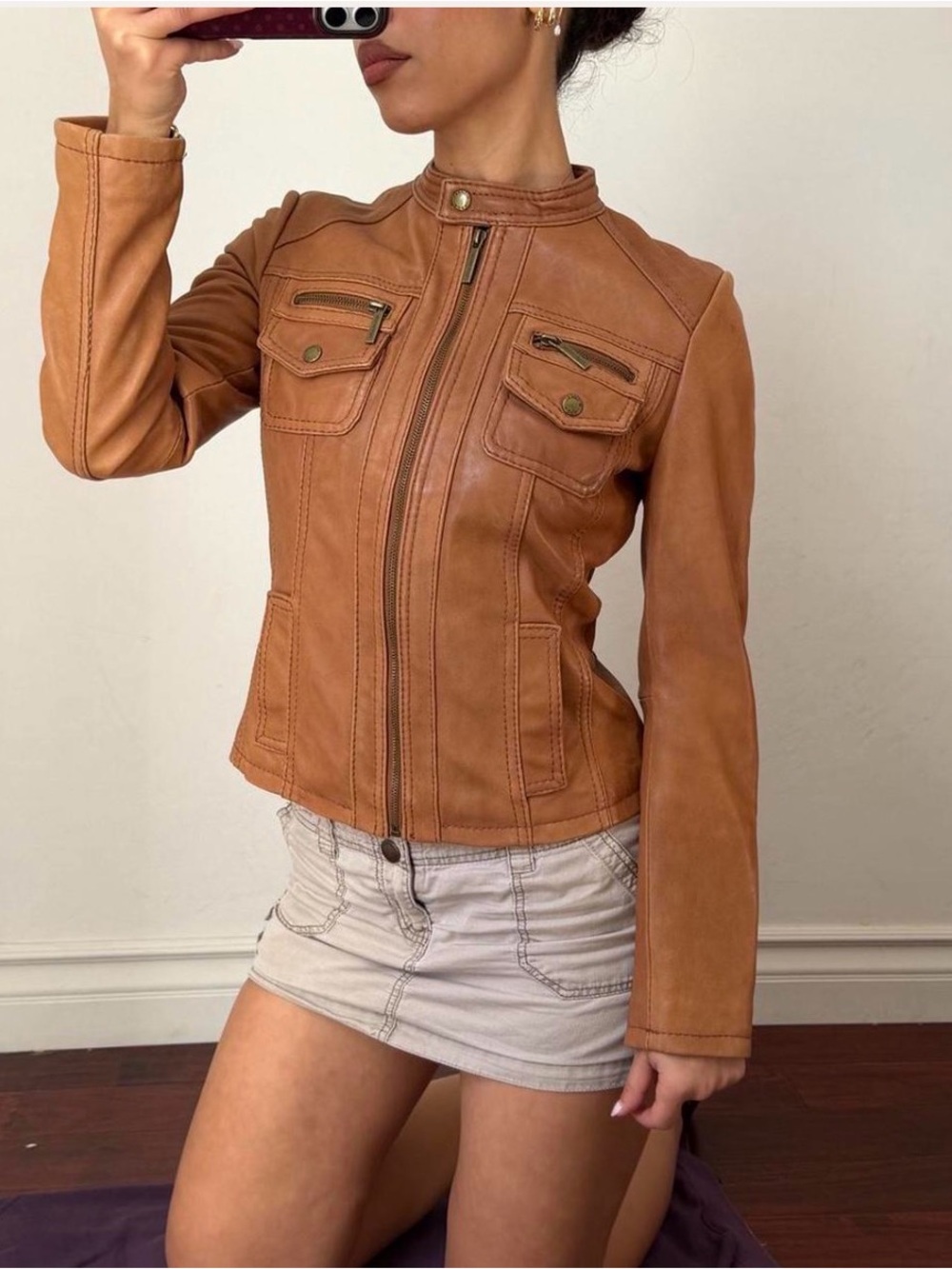 Apt. 9 camel tan faux Leather Zip-Up Jacket coat size Large